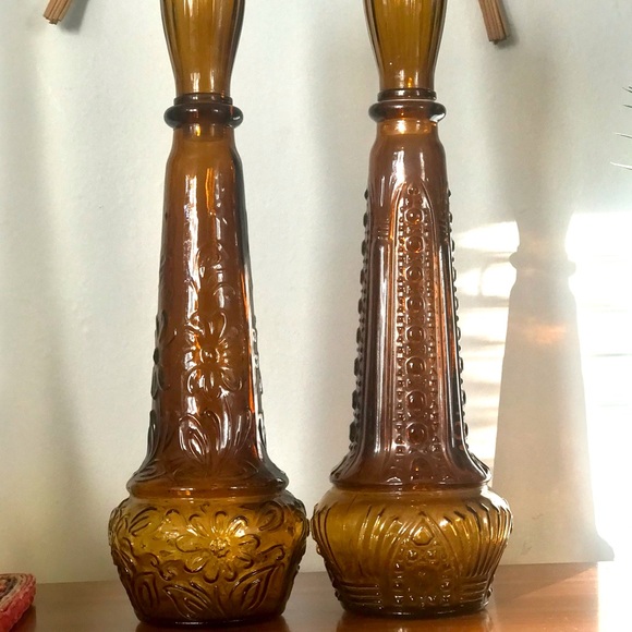 Set of 2 Vintage MCM Art Dabs Amber Genie Bottles/Decanters, Made in Portugal - Picture 4 of 13